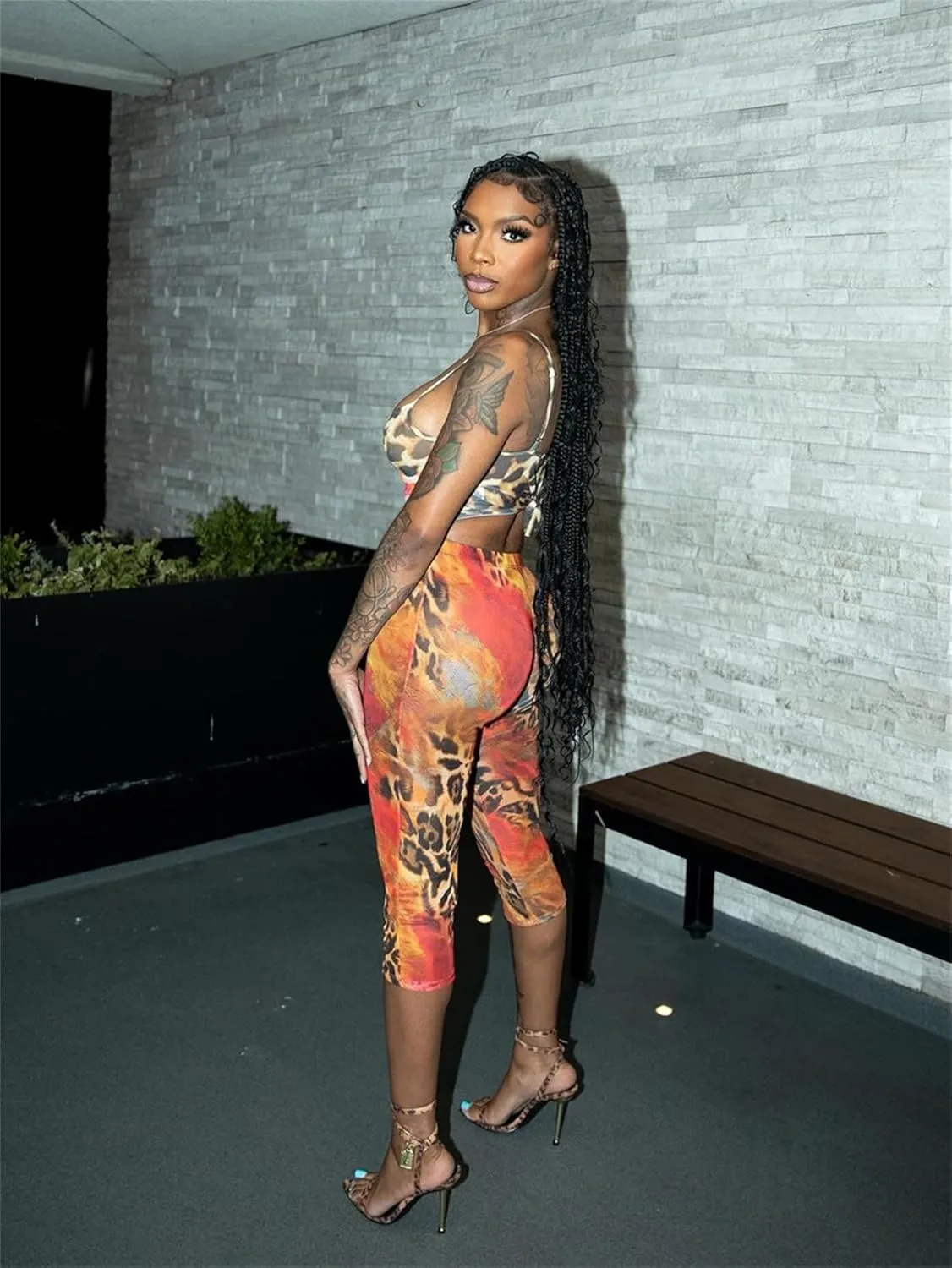 Mandonce Sexy Outfit For Women Going Out Leopard Print Floral Off The Shoulder Crop Camisole Tops and High Waist Capri Pants