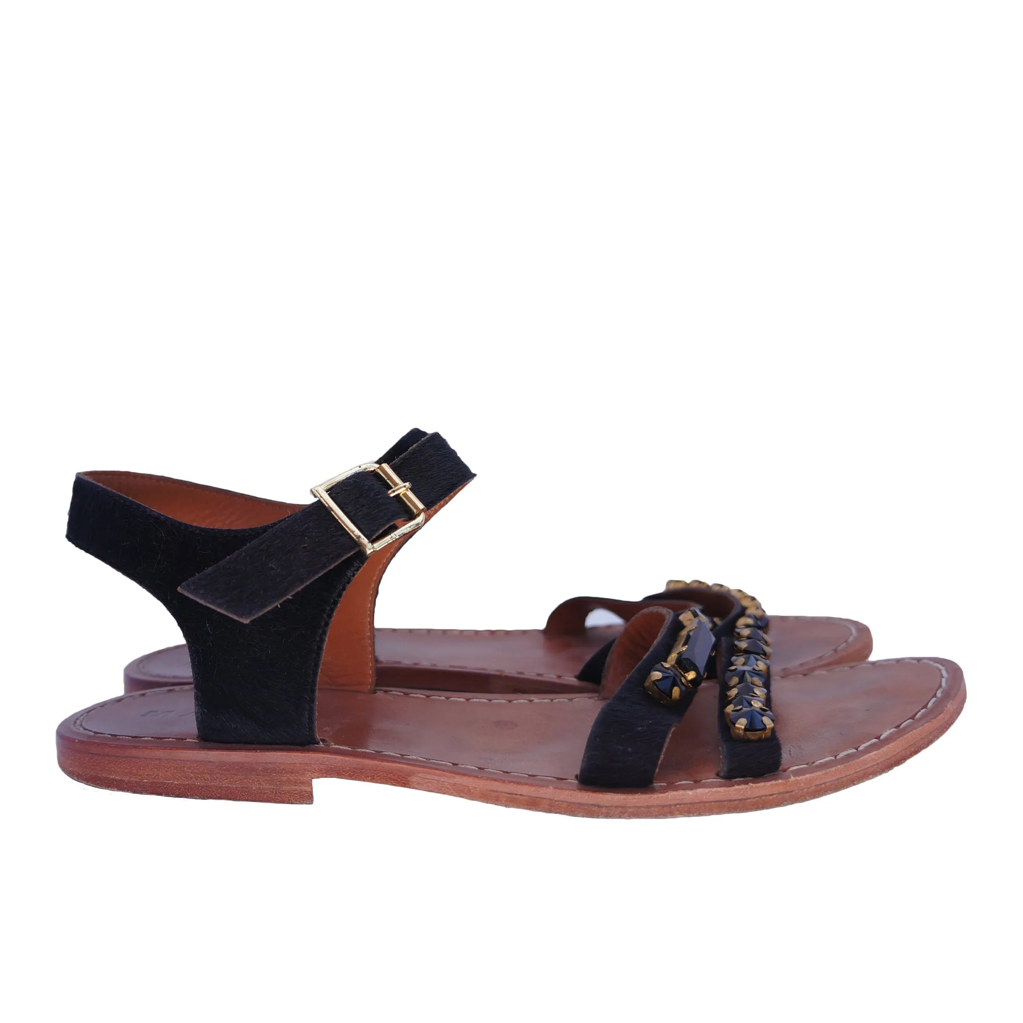 MARNI CRYSTAL FLAT LEATHER AND PONYHAIR SANDAL