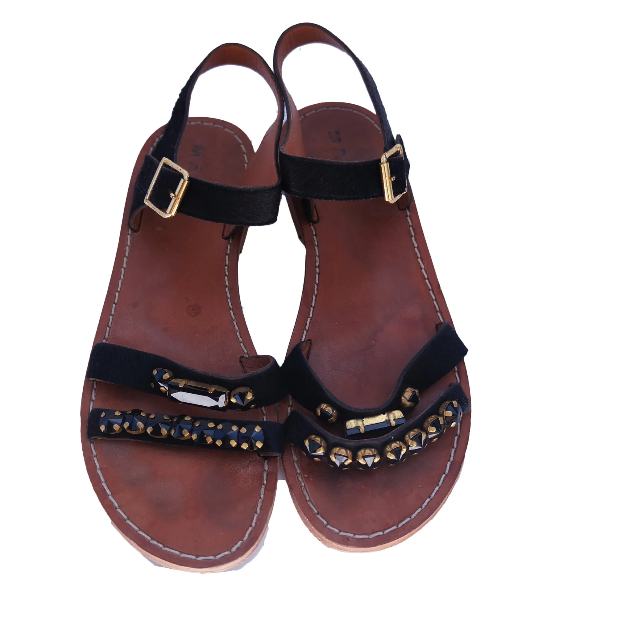 MARNI CRYSTAL FLAT LEATHER AND PONYHAIR SANDAL