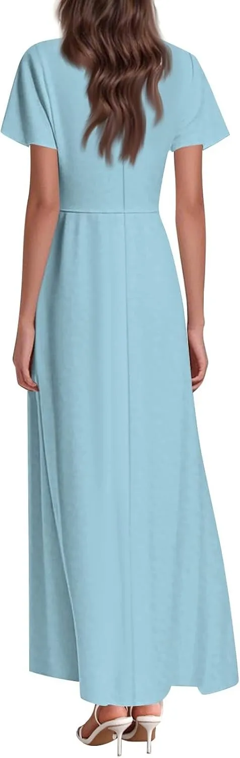 Maxi Dresses for Women 2025 V Neck Short Sleeve Dress Empire Waist Boho Summer Sundress