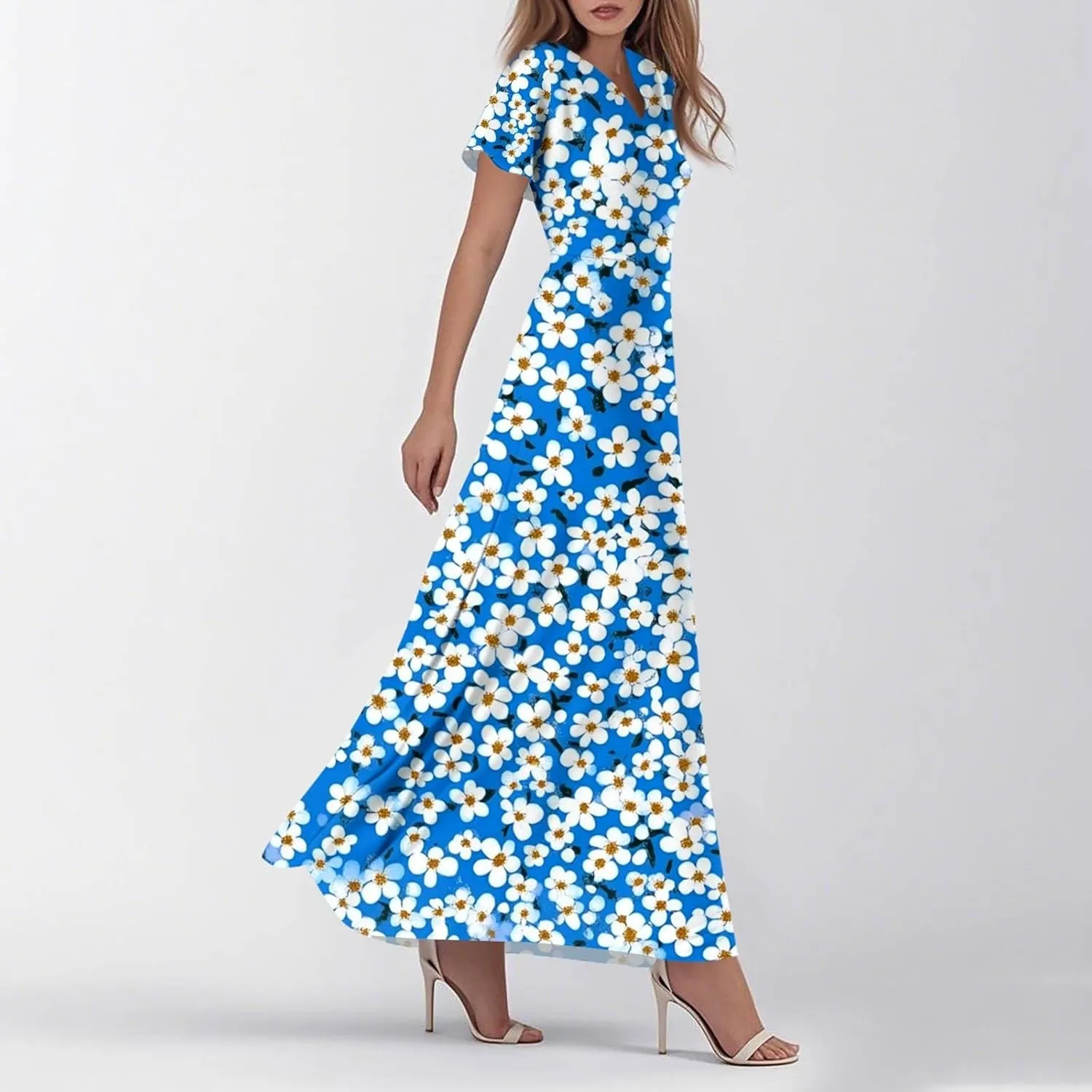 Maxi Dresses for Women 2025 V Neck Short Sleeve Dress Empire Waist Boho Summer Sundress