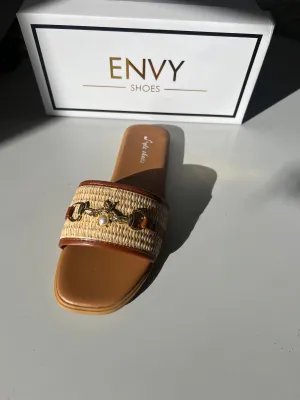 MELINA TAN BEE STRAW DETAIL SLIDERS