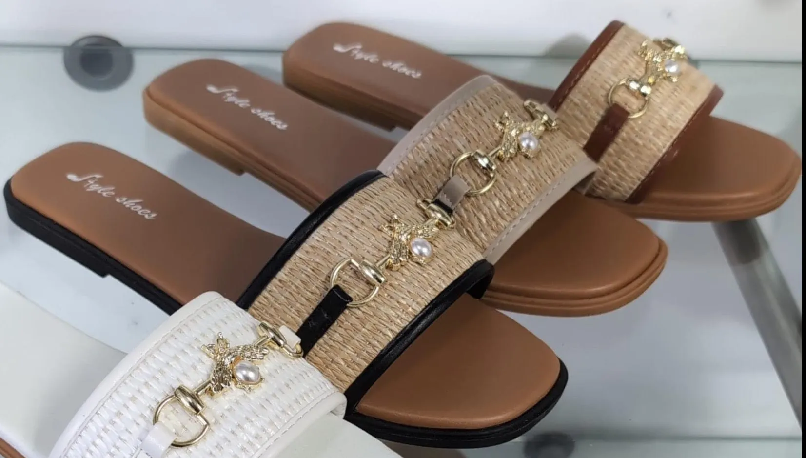 MELINA TAN BEE STRAW DETAIL SLIDERS