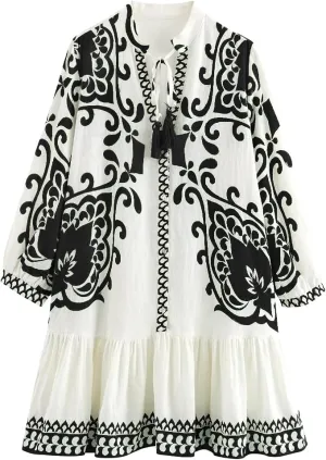 Melliflo Women's Bohemian Dress Casual Vacation Long Sleeve V Neck Dresses Summer Spring Floral Print Mini Dress