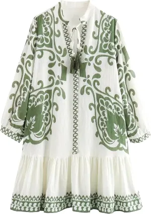 Melliflo Women's Bohemian Dress Casual Vacation Long Sleeve V Neck Dresses Summer Spring Floral Print Mini Dress