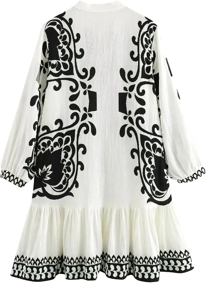 Melliflo Women's Bohemian Dress Casual Vacation Long Sleeve V Neck Dresses Summer Spring Floral Print Mini Dress