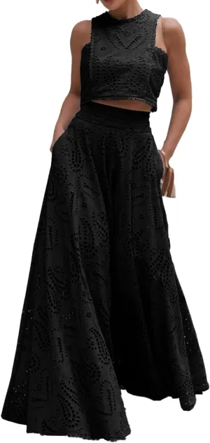 Melliflo Women's Summer 2 Piece Outfits Tank Crop Tops Long Skirt Set Sleeveless Maxi Dress with Pocket Nightclub Party Dress