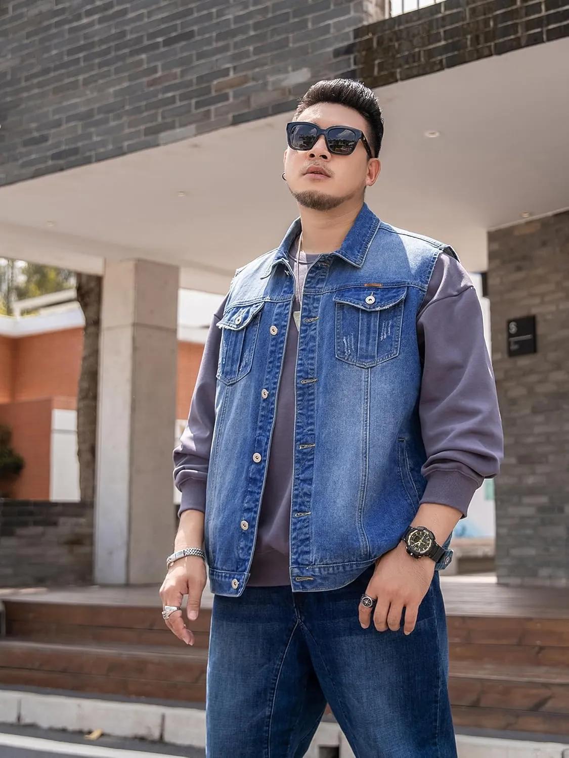 Men's Denim Vest Motorcycle Unlined Biker Plus Size Sleeveless Jean Vest Jacket