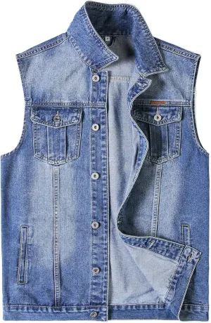Men's Denim Vest Motorcycle Unlined Biker Plus Size Sleeveless Jean Vest Jacket