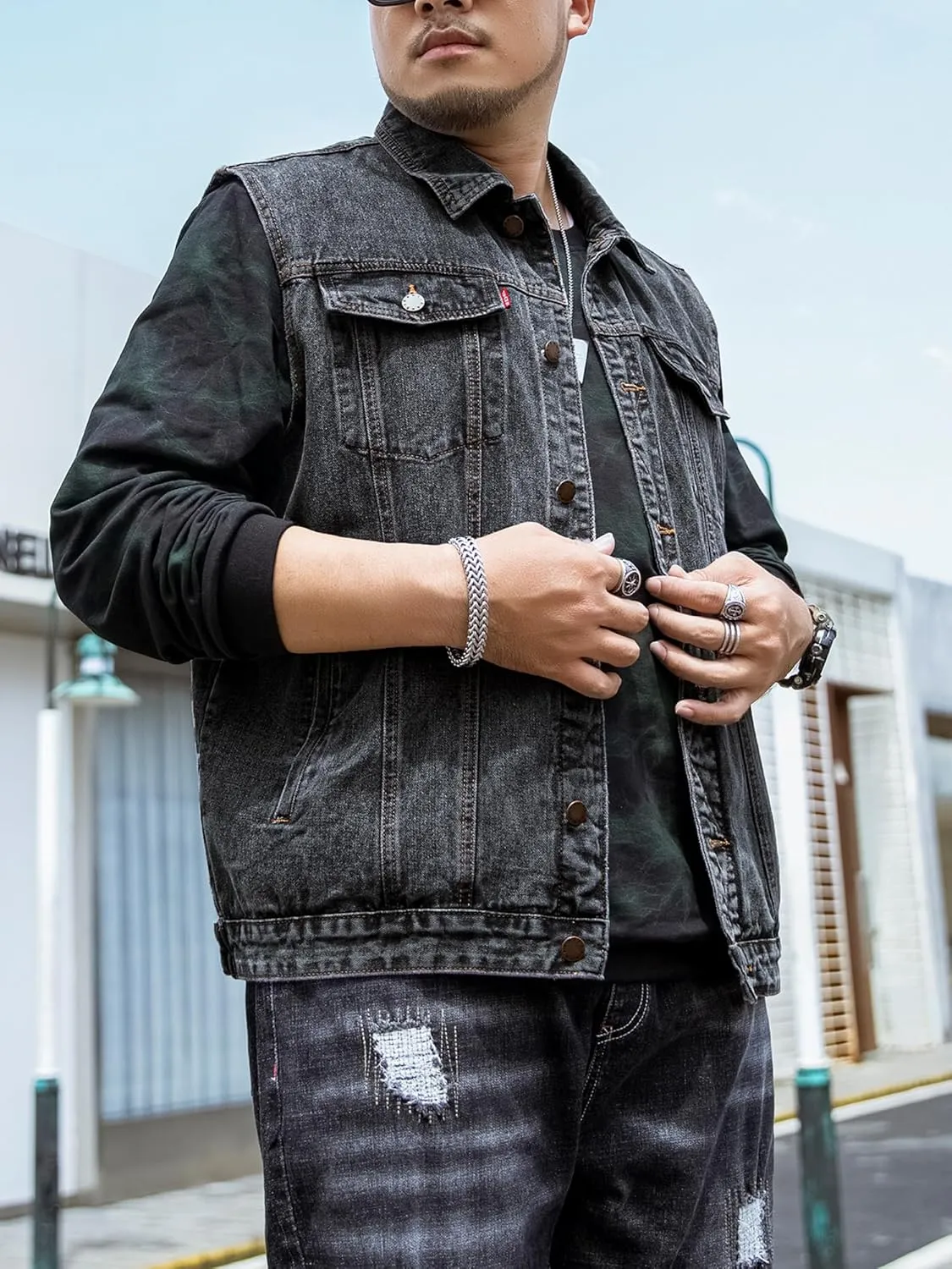 Men's Denim Vest Motorcycle Unlined Biker Plus Size Sleeveless Jean Vest Jacket