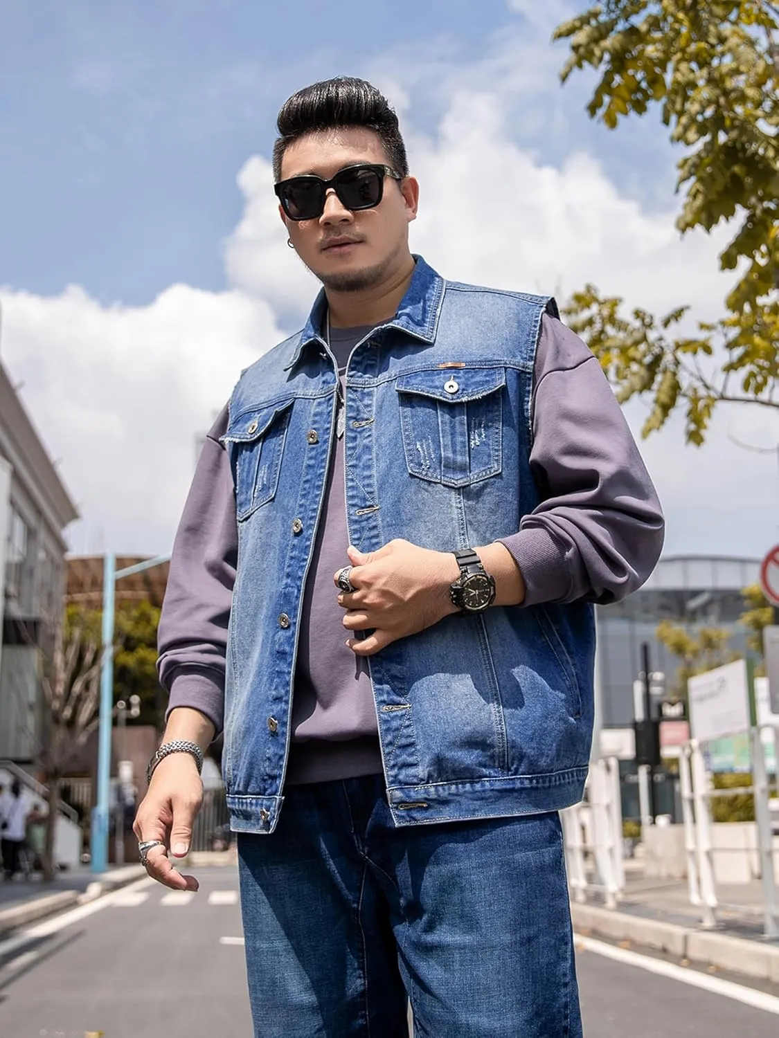 Men's Denim Vest Motorcycle Unlined Biker Plus Size Sleeveless Jean Vest Jacket