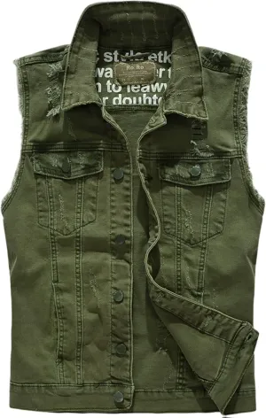 Men's Denim Vest Motorcycle Unlined Biker Plus Size Sleeveless Jean Vest Jacket