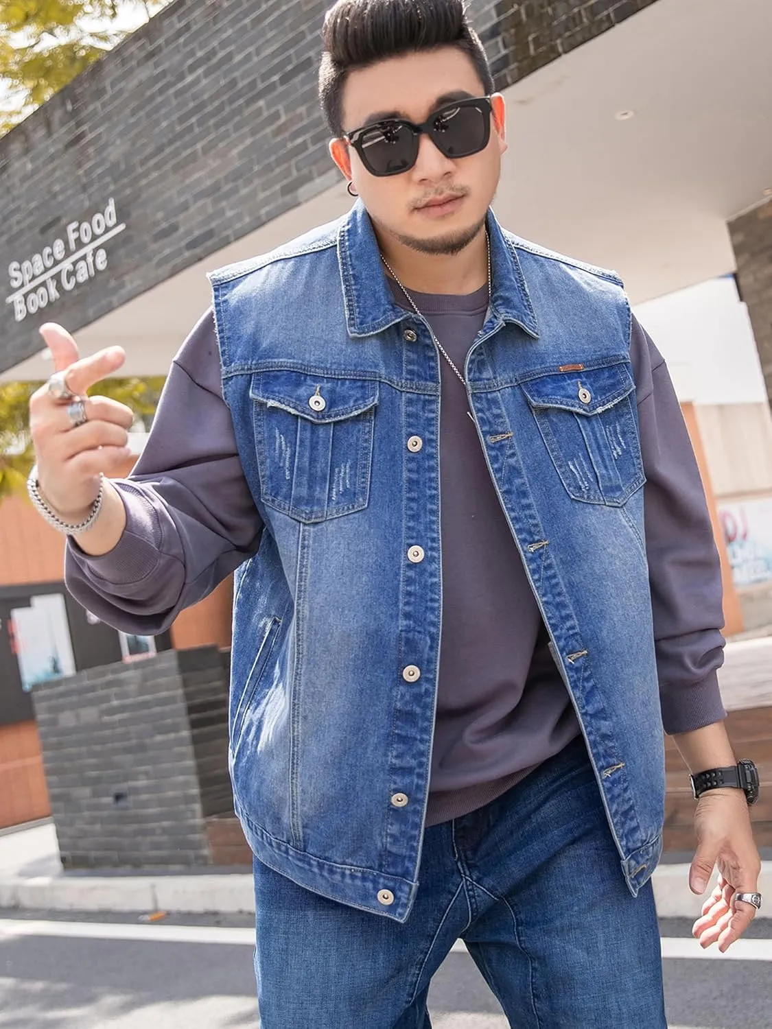 Men's Denim Vest Motorcycle Unlined Biker Plus Size Sleeveless Jean Vest Jacket