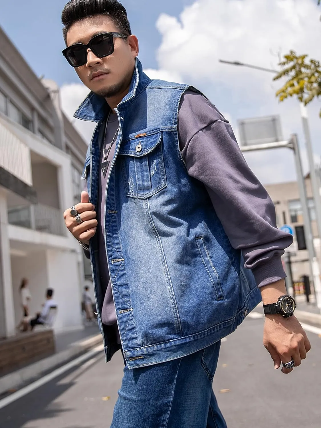 Men's Denim Vest Motorcycle Unlined Biker Plus Size Sleeveless Jean Vest Jacket