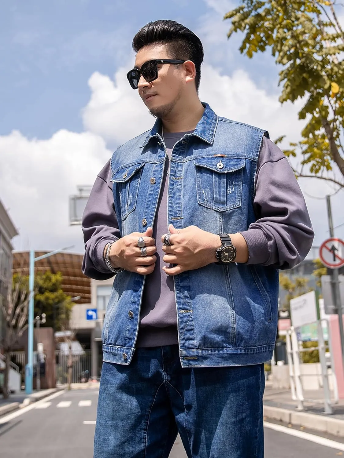 Men's Denim Vest Motorcycle Unlined Biker Plus Size Sleeveless Jean Vest Jacket