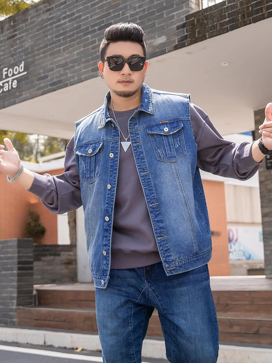 Men's Denim Vest Motorcycle Unlined Biker Plus Size Sleeveless Jean Vest Jacket
