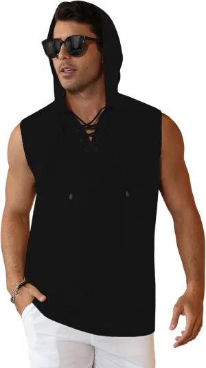 Men's Linen Tank Tops Sleeveless Shirts Lace Up Beach Summer Yoga Top Hippie Renaissance Pirate Tunic with Hood
