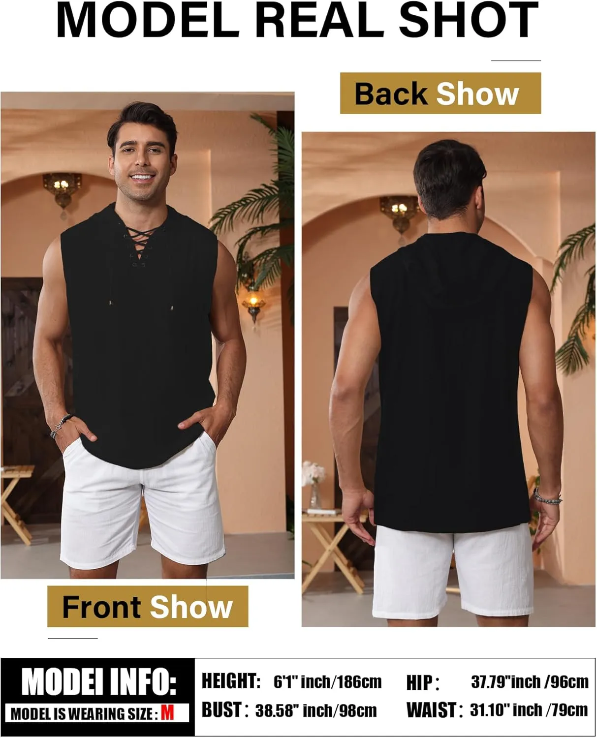 Men's Linen Tank Tops Sleeveless Shirts Lace Up Beach Summer Yoga Top Hippie Renaissance Pirate Tunic with Hood