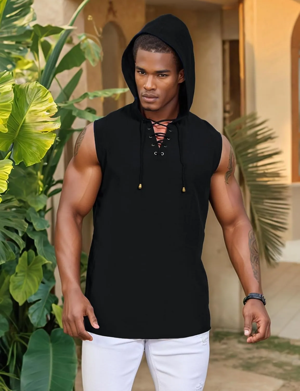 Men's Linen Tank Tops Sleeveless Shirts Lace Up Beach Summer Yoga Top Hippie Renaissance Pirate Tunic with Hood