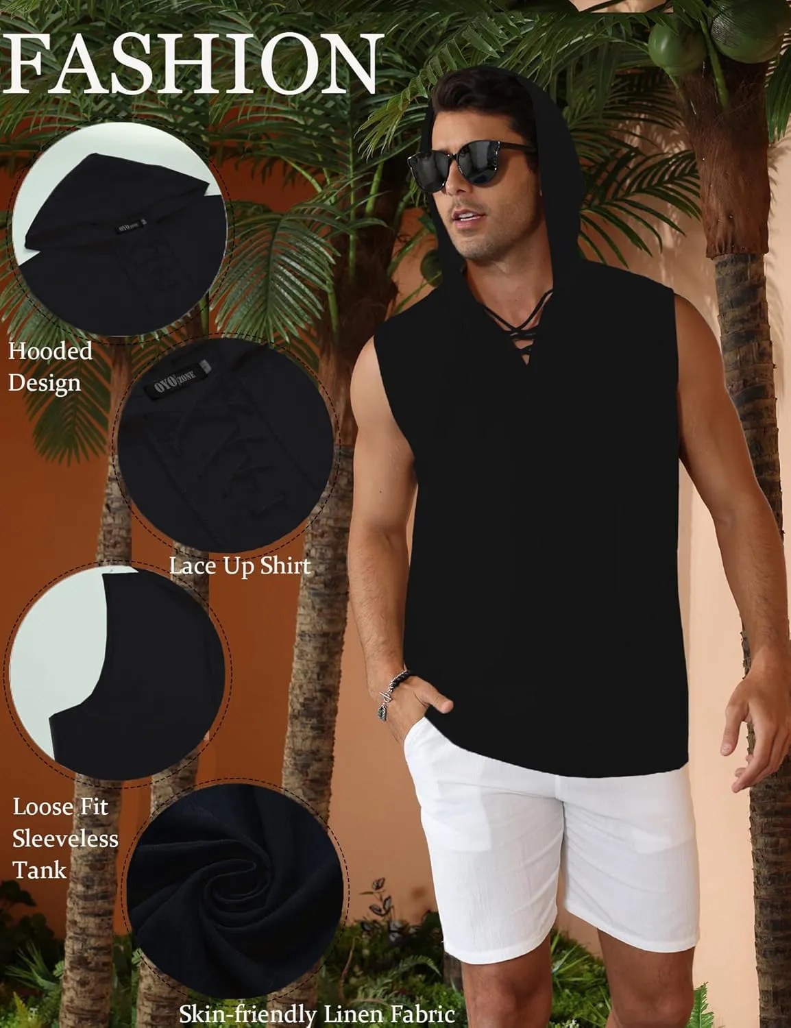 Men's Linen Tank Tops Sleeveless Shirts Lace Up Beach Summer Yoga Top Hippie Renaissance Pirate Tunic with Hood