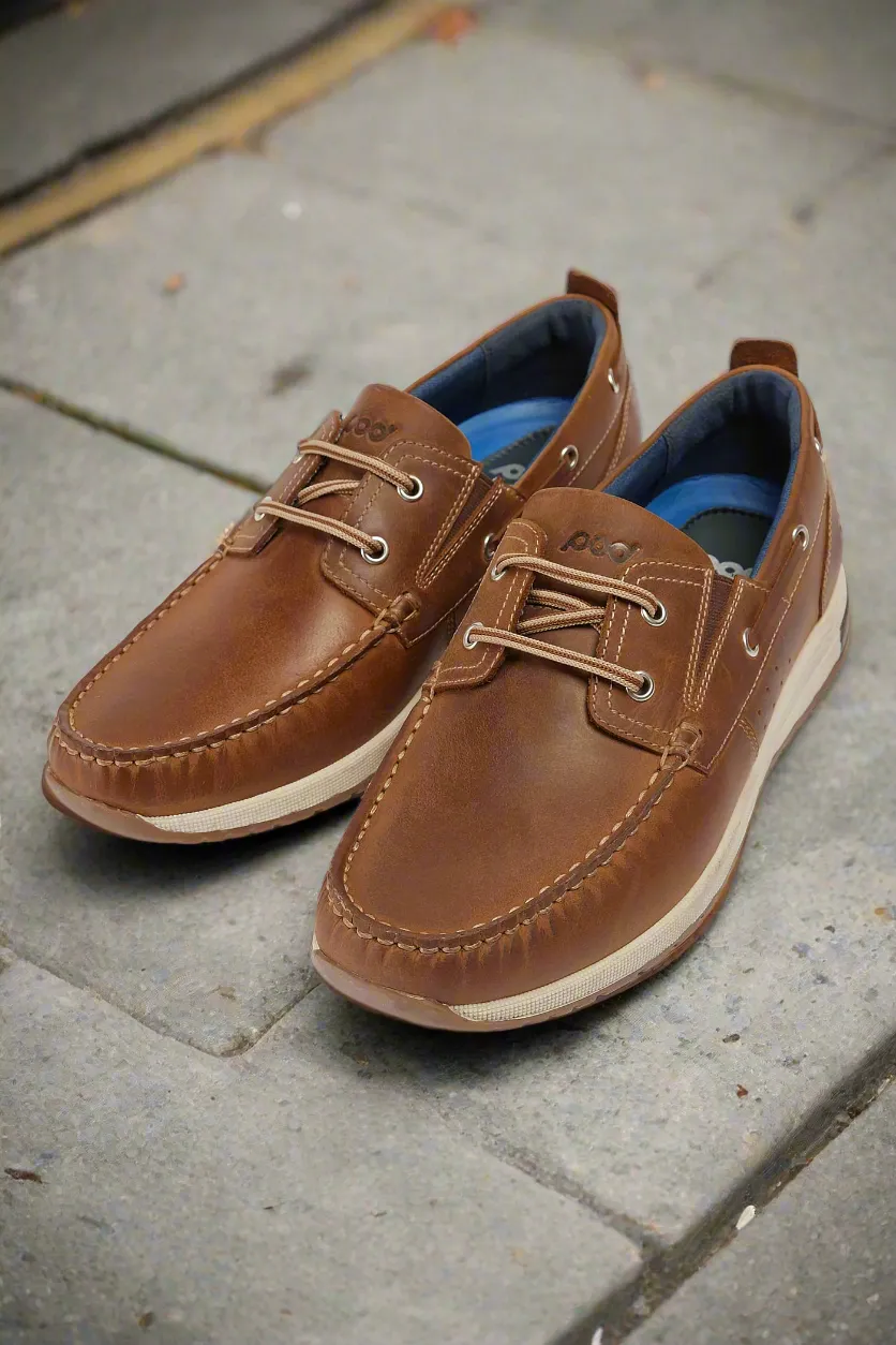 Mens Pod Brown Casual Boat Shoe Laced Riley Waxy Leather sale