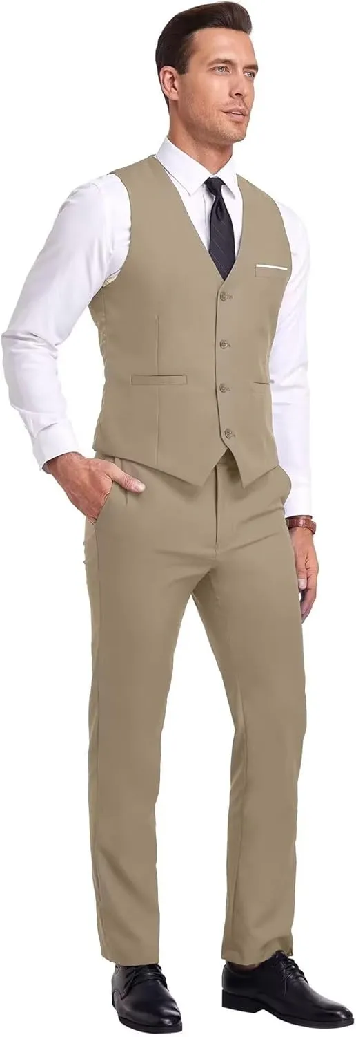 Mens Suits Vest Pant Set, Slim Fit 2 Pieces Casual Suit Waistcoat Wedding Groomsmen