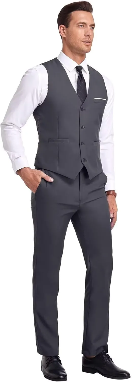 Mens Suits Vest Pant Set, Slim Fit 2 Pieces Casual Suit Waistcoat Wedding Groomsmen
