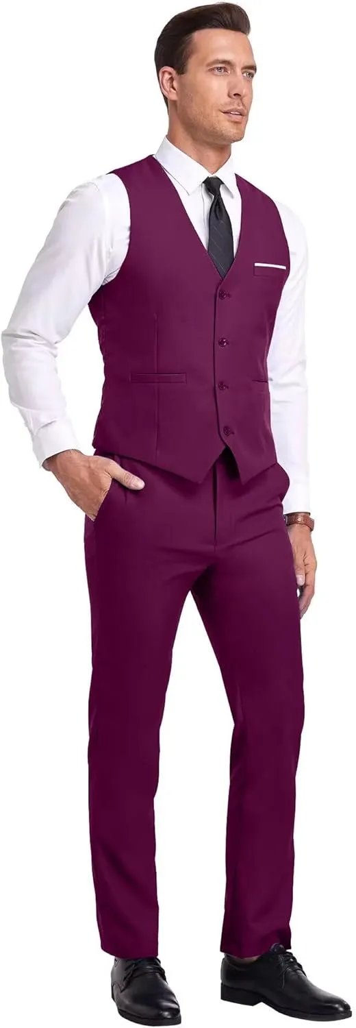 Mens Suits Vest Pant Set, Slim Fit 2 Pieces Casual Suit Waistcoat Wedding Groomsmen