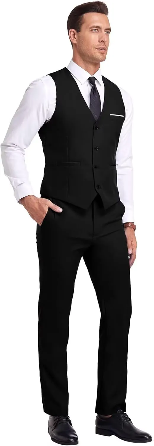 Mens Suits Vest Pant Set, Slim Fit 2 Pieces Casual Suit Waistcoat Wedding Groomsmen