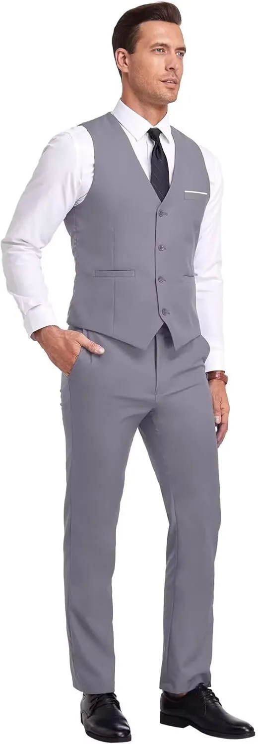 Mens Suits Vest Pant Set, Slim Fit 2 Pieces Casual Suit Waistcoat Wedding Groomsmen