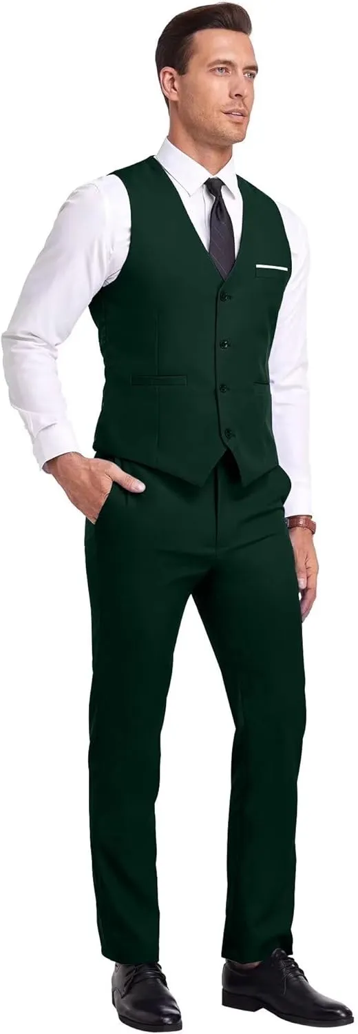 Mens Suits Vest Pant Set, Slim Fit 2 Pieces Casual Suit Waistcoat Wedding Groomsmen