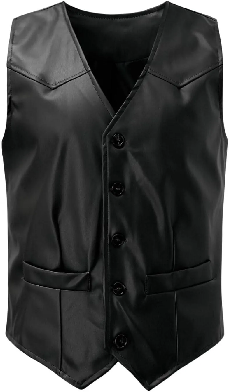 Men's V Neck Western Cowboy Vest Faux Leather Suit Vest Button Down Waistcoat Slim Fit Vintage Sleeveless Vest Jacket