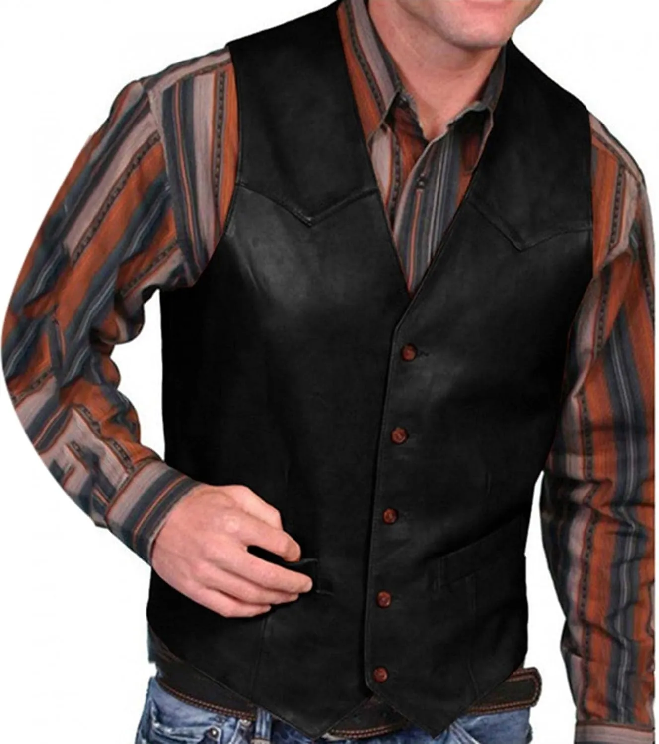 Men's V Neck Western Cowboy Vest Faux Leather Suit Vest Button Down Waistcoat Slim Fit Vintage Sleeveless Vest Jacket