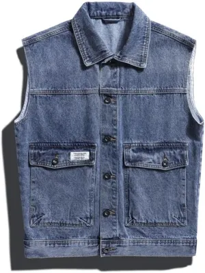 Men's Western Style Denim Vest Loose Casual Vintage Work Vests Button Down Camisole Jacket
