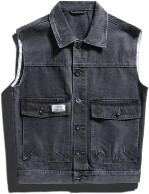 Men's Western Style Denim Vest Loose Casual Vintage Work Vests Button Down Camisole Jacket