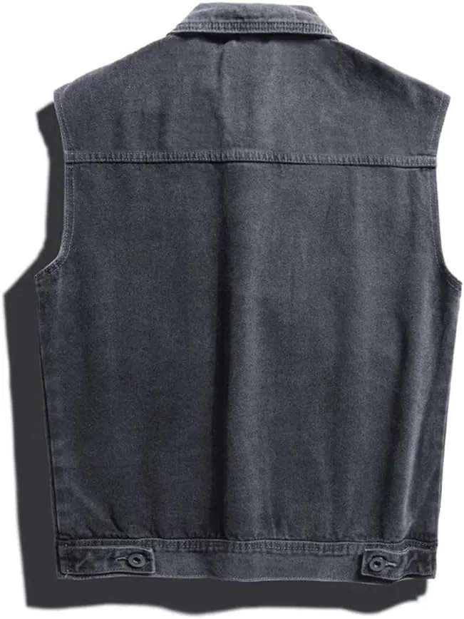 Men's Western Style Denim Vest Loose Casual Vintage Work Vests Button Down Camisole Jacket