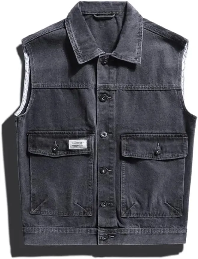 Men's Western Style Denim Vest Loose Casual Vintage Work Vests Button Down Camisole Jacket