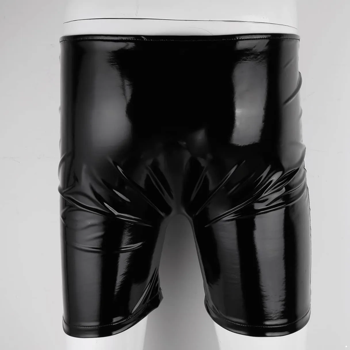 Men's Wet Look Black Leather Open Hole Boxer Briefs Short Leggings Hot Pants Dance Bottoms