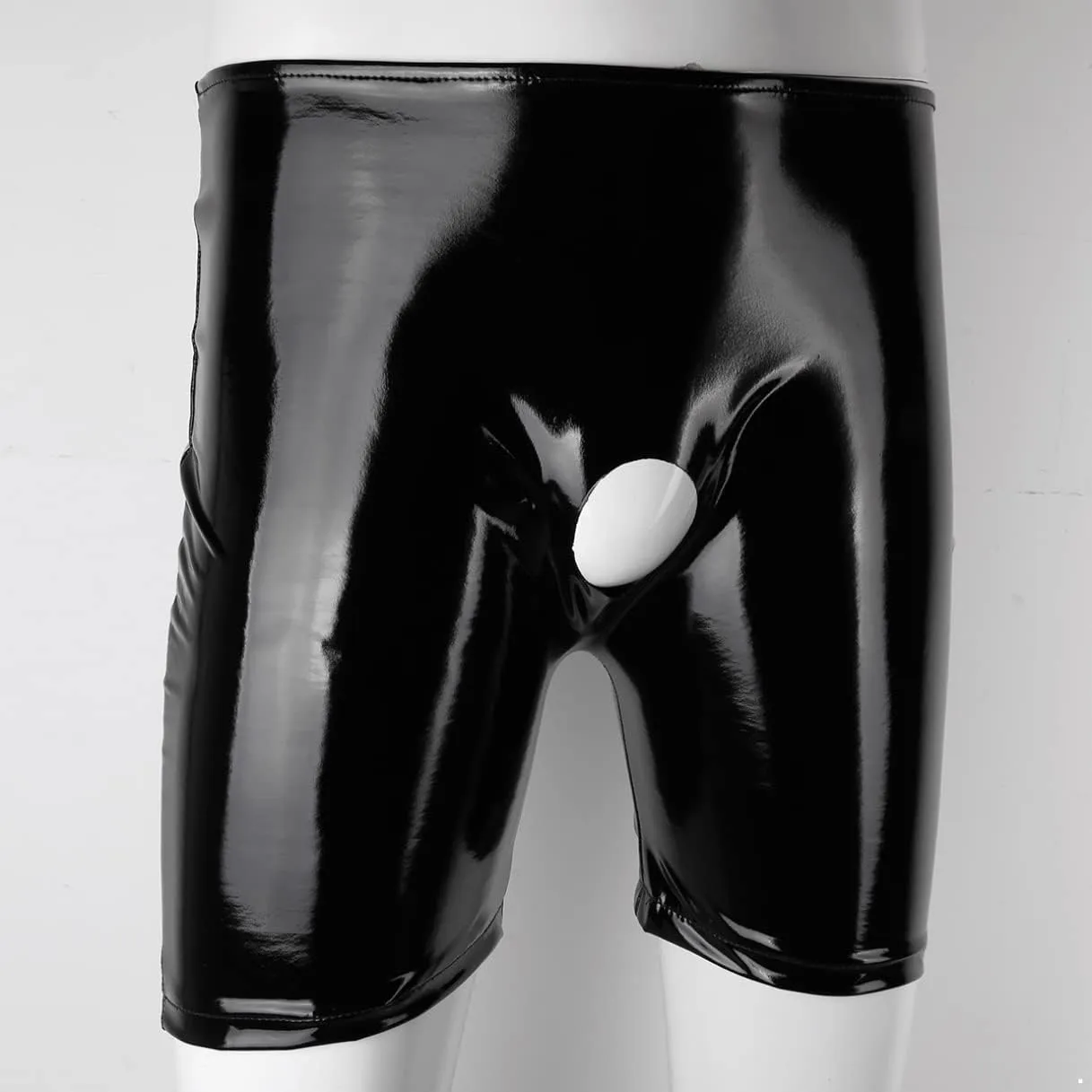 Men's Wet Look Black Leather Open Hole Boxer Briefs Short Leggings Hot Pants Dance Bottoms