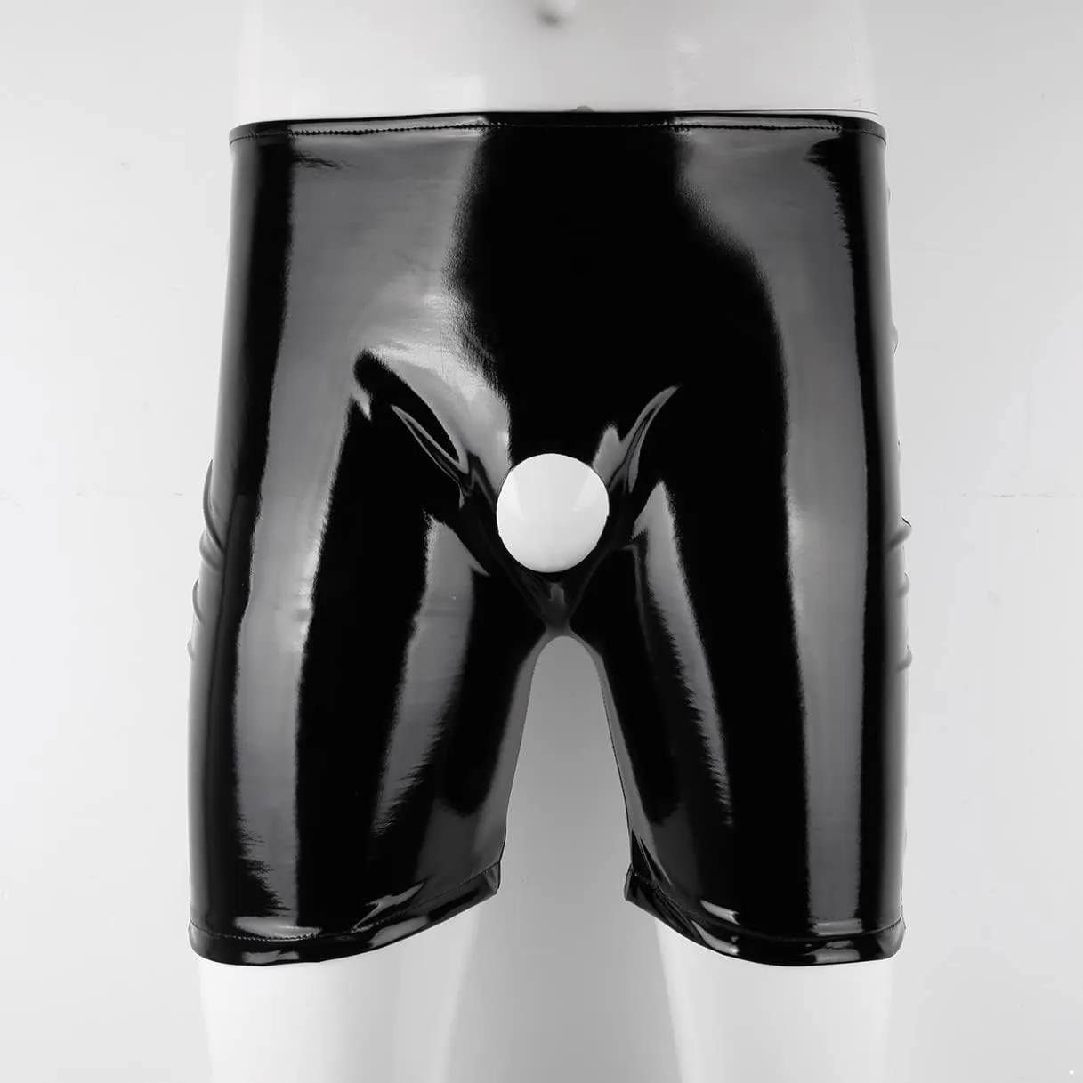 Men's Wet Look Black Leather Open Hole Boxer Briefs Short Leggings Hot Pants Dance Bottoms
