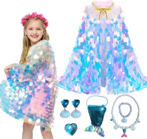 Mermaid Dress Up Clothes, Princess Cape Set, Girls Princess Cloak with Crown Wand, Gift Set for Girl 3,4,5,6,7,8 Years Old Birthday Halloween Christmas Gift