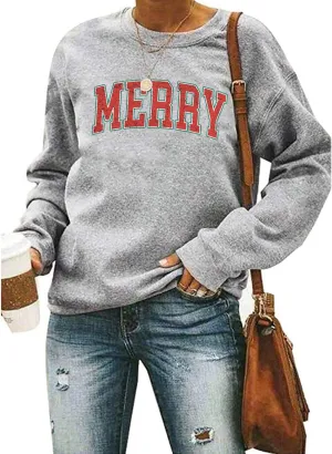 Merry Christmas Sweatshirt Women Merry Graphic Letter Printed Crewneck Pullover Xmas Tops