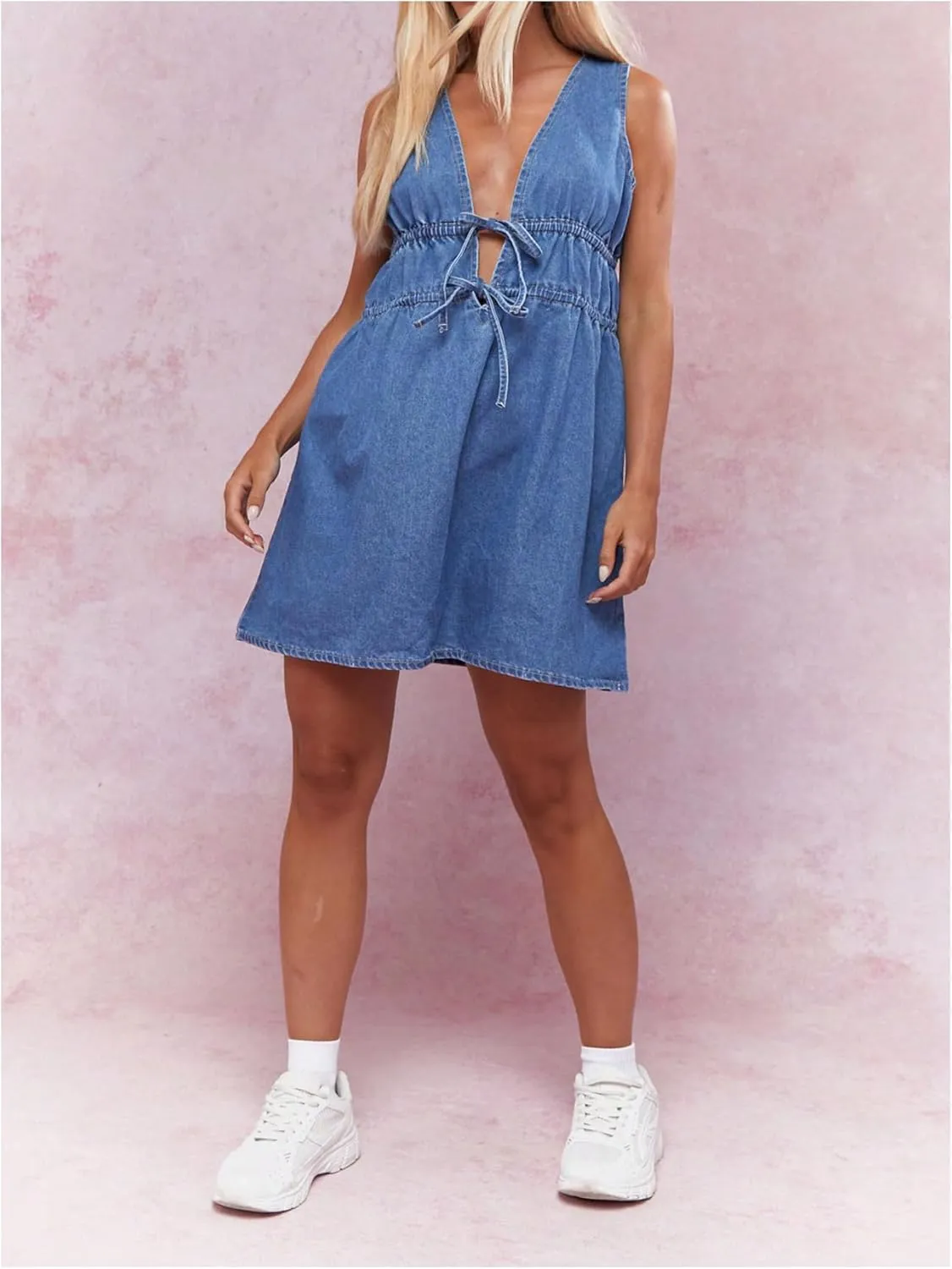 Milumia Women's Bow Tie Plunge V Neck Sleeveless Straight Denim Short Dresses