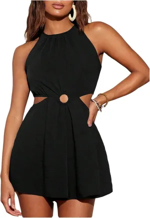 Milumia Women's Cut Out Halter Romper Summer Sleeveless Solid Shorts Jumpsuit