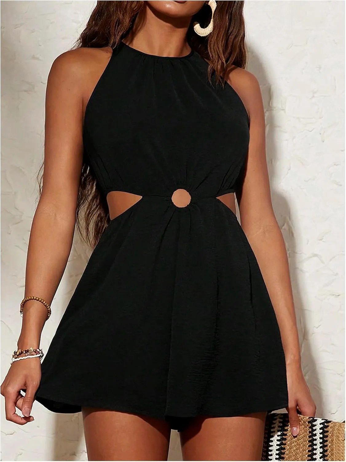 Milumia Women's Cut Out Halter Romper Summer Sleeveless Solid Shorts Jumpsuit