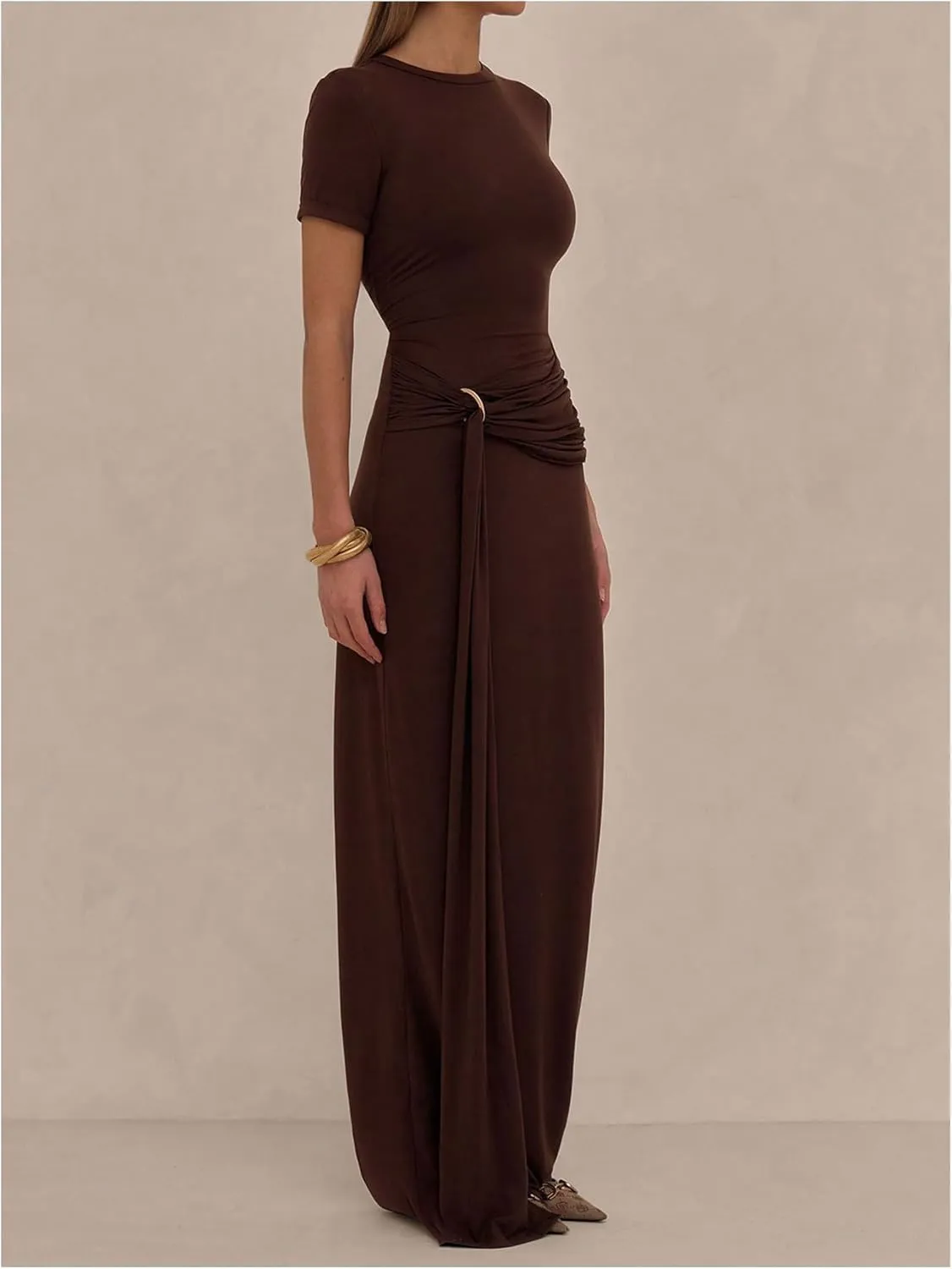Milumia Women's Ring Tie Knot Bodycon Dress Crew Neck Short Sleeve Maxi Dresses