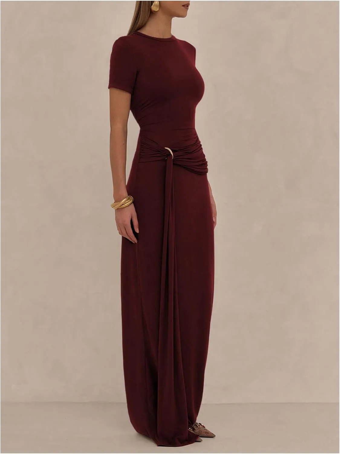 Milumia Women's Ring Tie Knot Bodycon Dress Crew Neck Short Sleeve Maxi Dresses