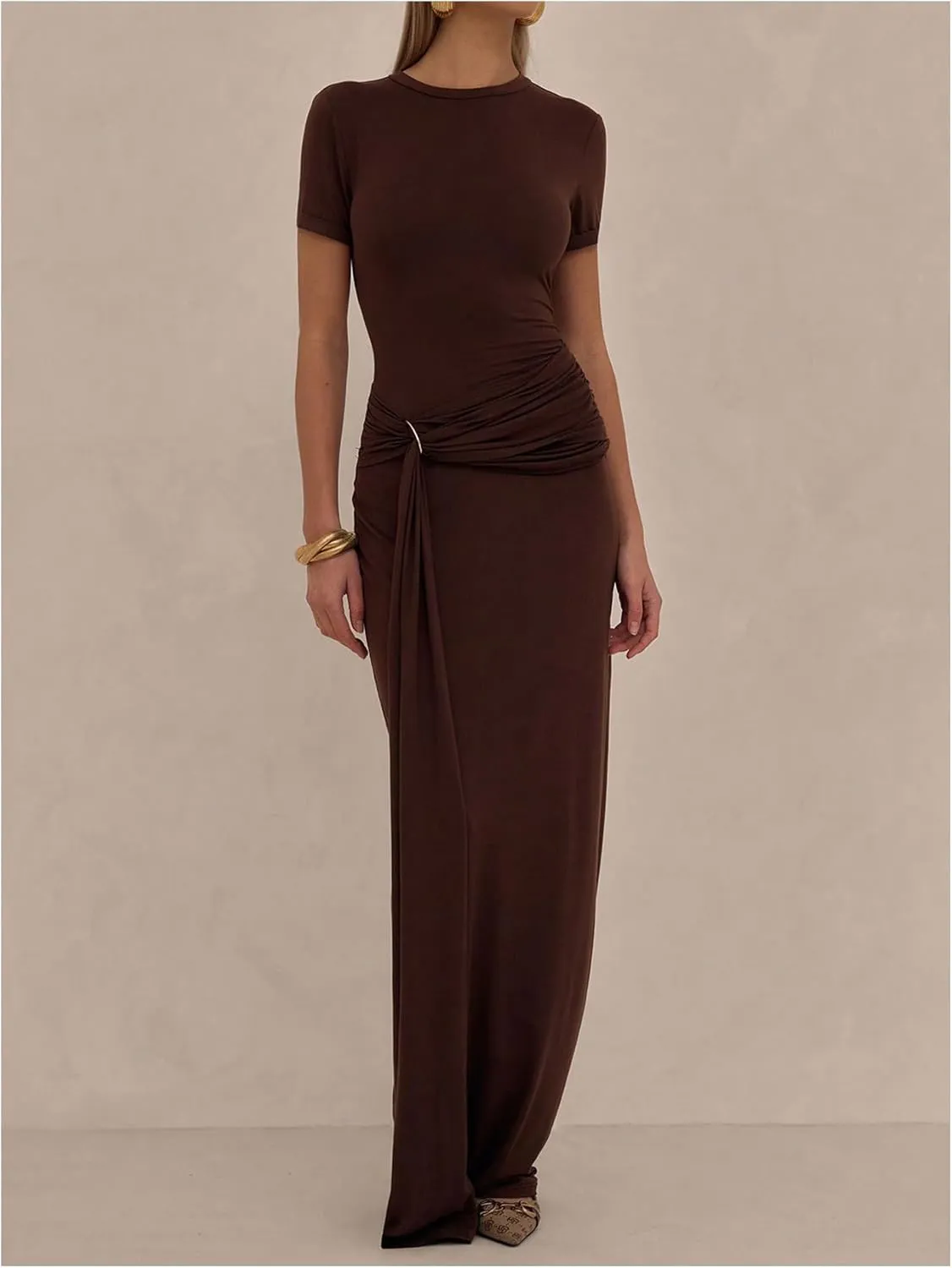 Milumia Women's Ring Tie Knot Bodycon Dress Crew Neck Short Sleeve Maxi Dresses