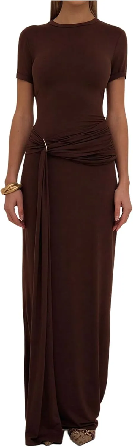 Milumia Women's Ring Tie Knot Bodycon Dress Crew Neck Short Sleeve Maxi Dresses
