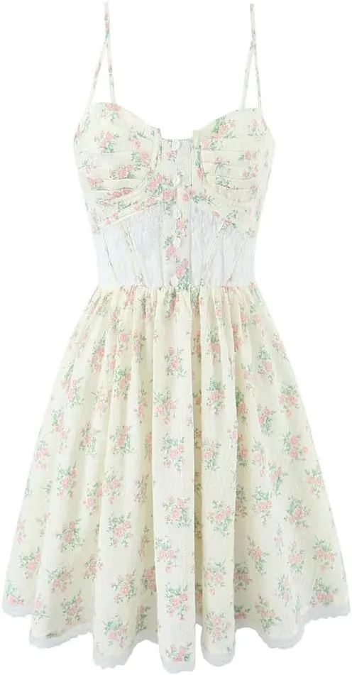Mini Dress for Women Lace Floral Print Backless A-Line Holiday Patchwork Dresses Party Robe